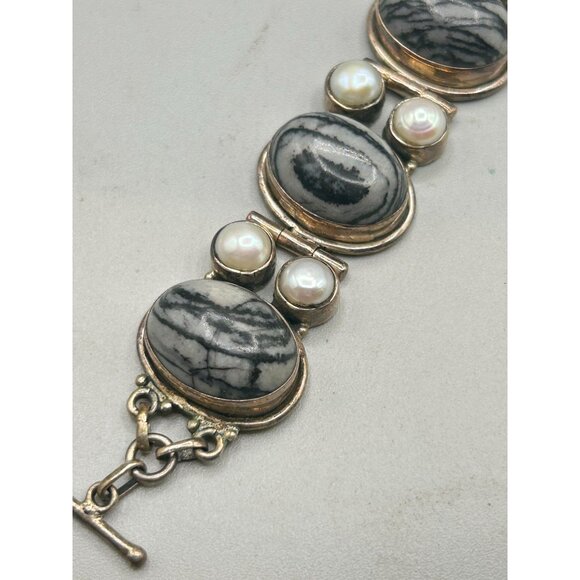 Grey Jasper & Pearls Bracelet Sterling Silver 925 Semi Rigid Long Toggle Clasp - Picture 3 of 8